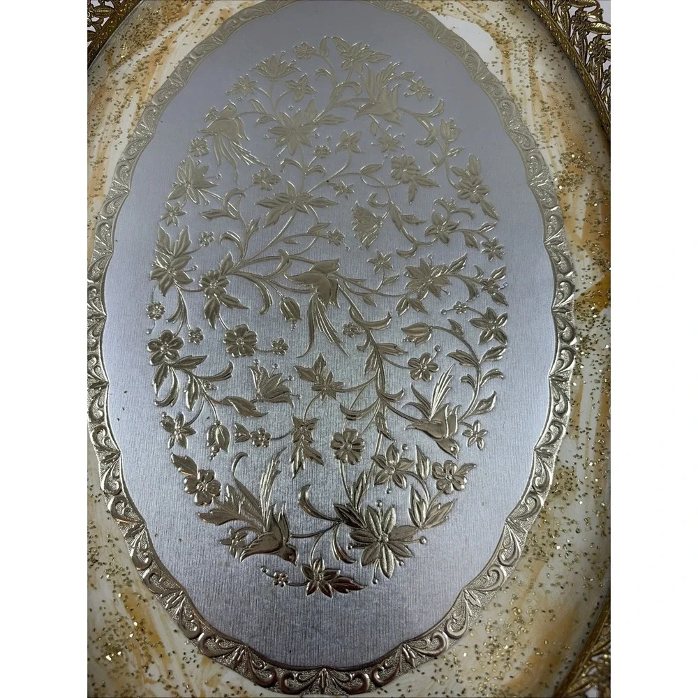 VTG 60s MCM HOLLYWOOD REGENCY GLASS & BIRD FLORAL FILIGREE ORMOLU VANITY TRAY